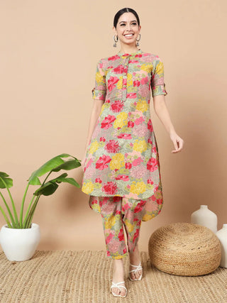 Yufta Sea Green Floral Printed Cotton Yoke Co-Ord Set