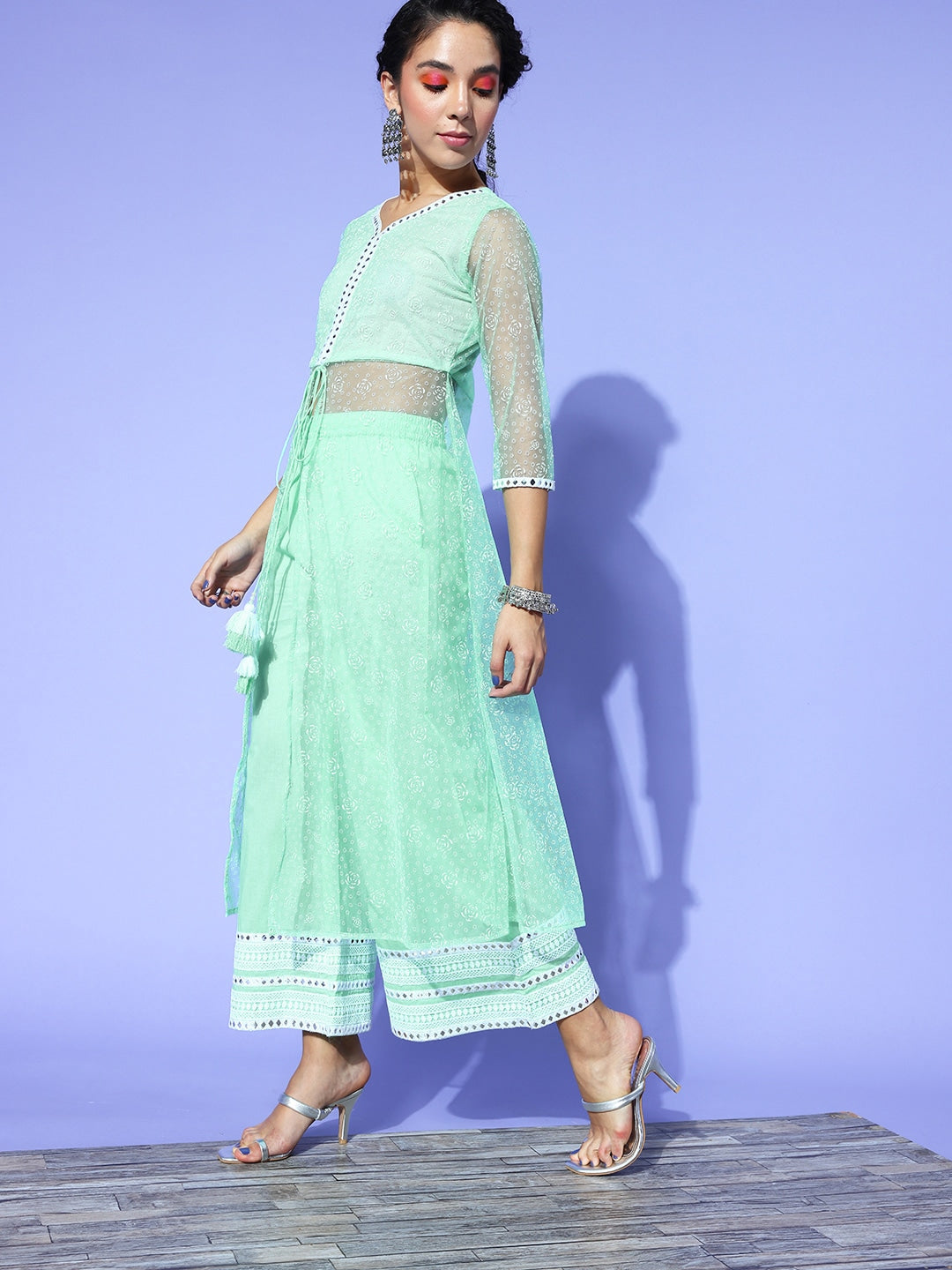 Yufta Sea Green Printed Top with Trousers - Distacart