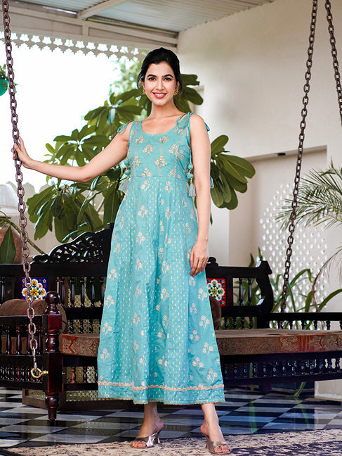 Yufta Sea Green Strappy Anarkali Dress - Distacart