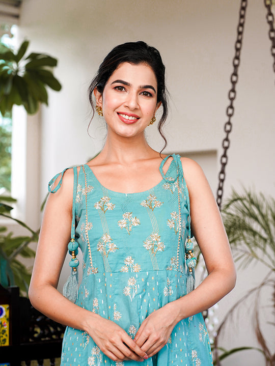 Yufta Sea Green Strappy Anarkali Dress - Distacart