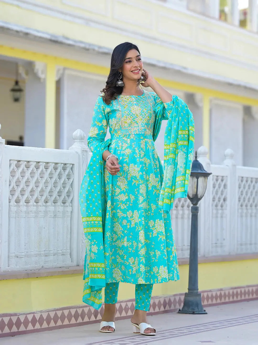 Yufta Sea Green Zari_Work Anarkali Pant Dupatta Set - Distacart