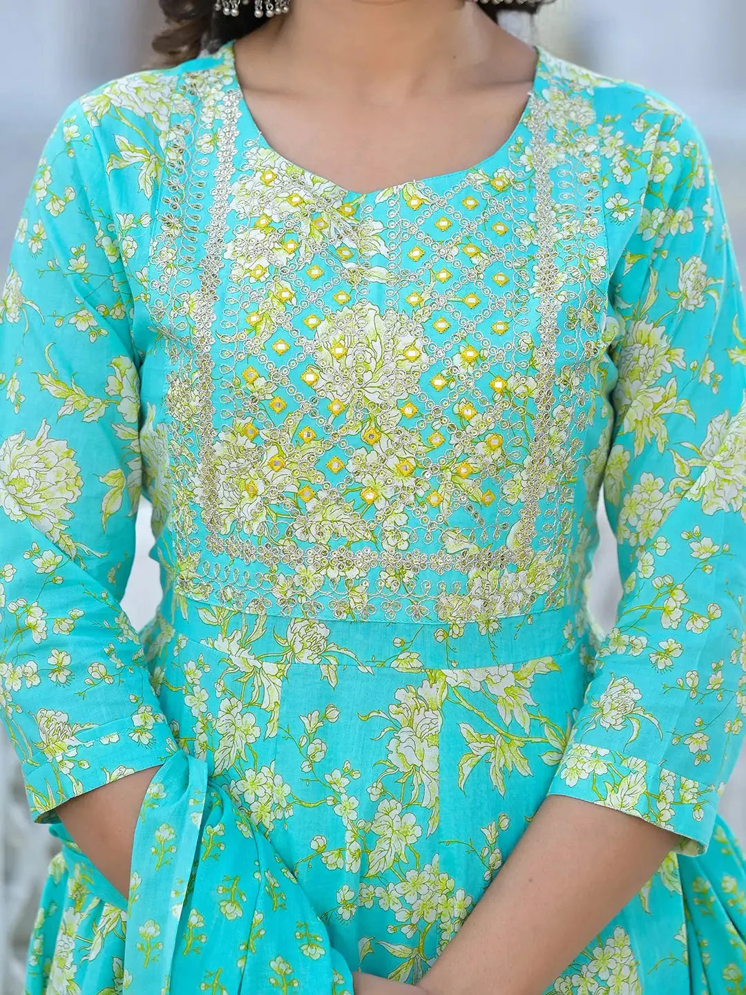 Yufta Sea Green Zari_Work Anarkali Pant Dupatta Set