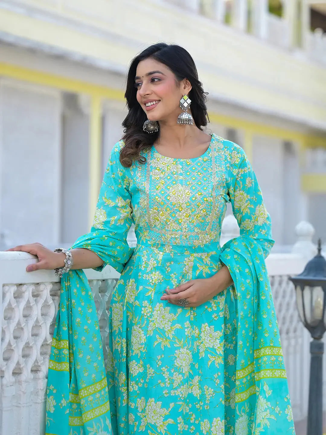 Yufta Sea Green Zari_Work Anarkali Pant Dupatta Set