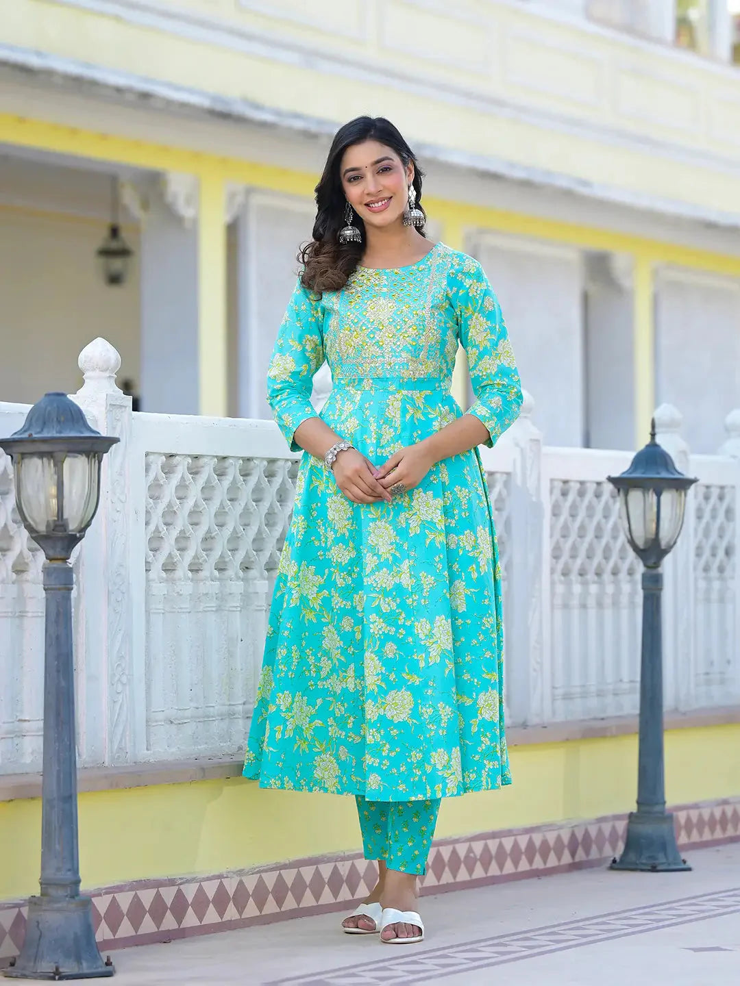 Yufta Sea Green Zari_Work Anarkali Pant Dupatta Set