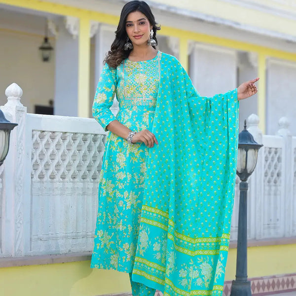 Yufta Sea Green Zari_Work Anarkali Pant Dupatta Set - Distacart
