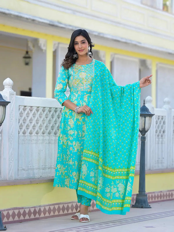 Yufta Sea Green Zari_Work Anarkali Pant Dupatta Set