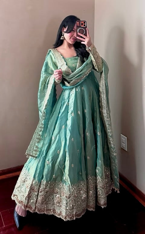 Evanik Seagreen Fendy Silk Embroidery & Sequins Work Kurta Pant Set