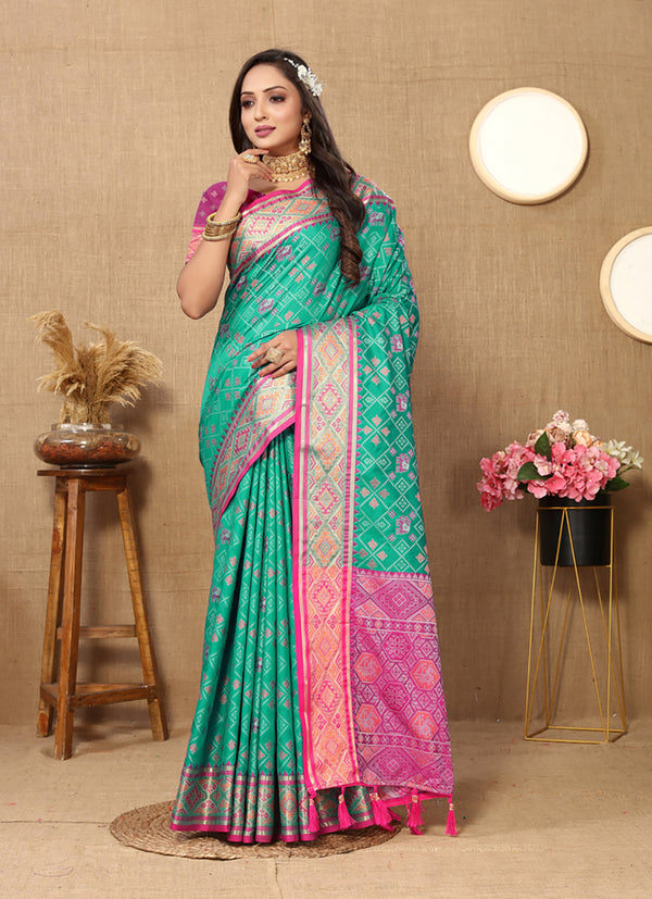 Lorenvalley Fashion Seagreen Patola Silk Woven Design with Zari Meenakari Weaving motifs Pallu Saree - Distacart
