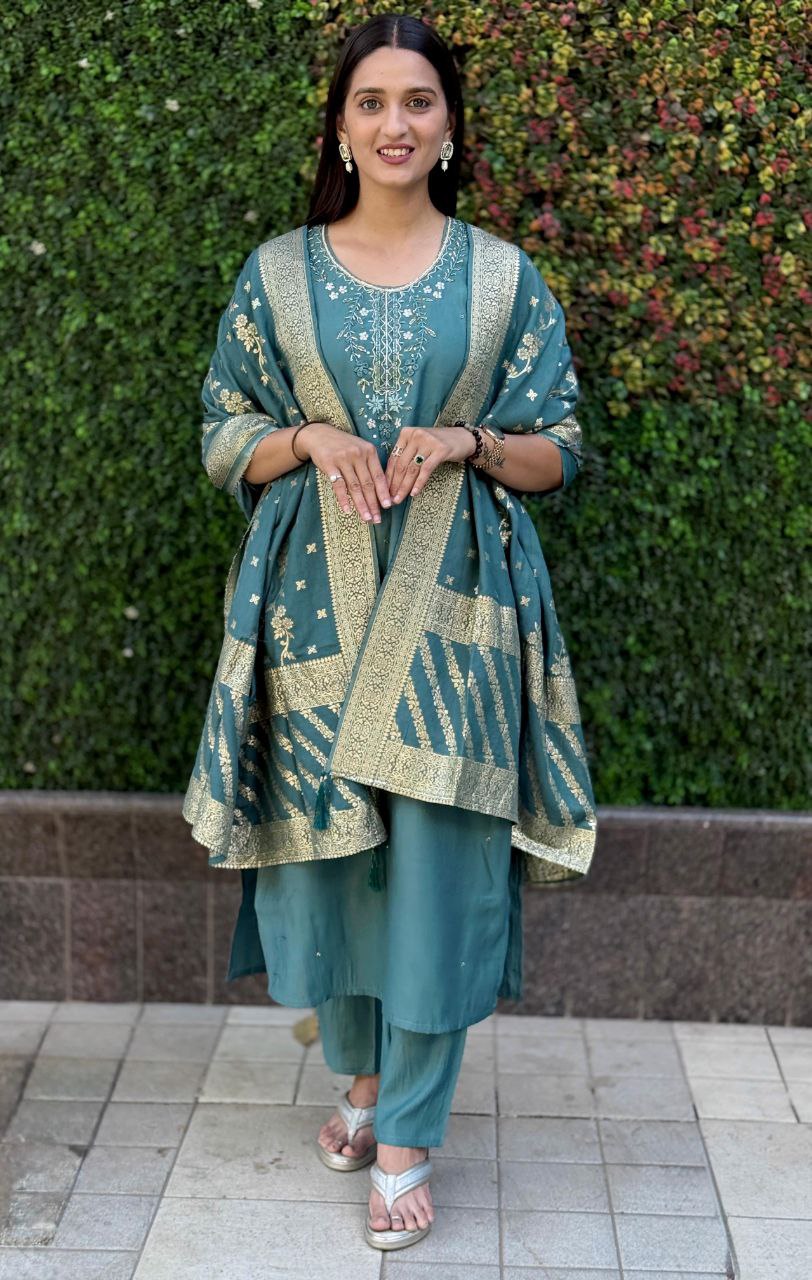 Lorenvalley Fashion Seagreen Roman Silk Hand Work Kurta Pant with Dupatta