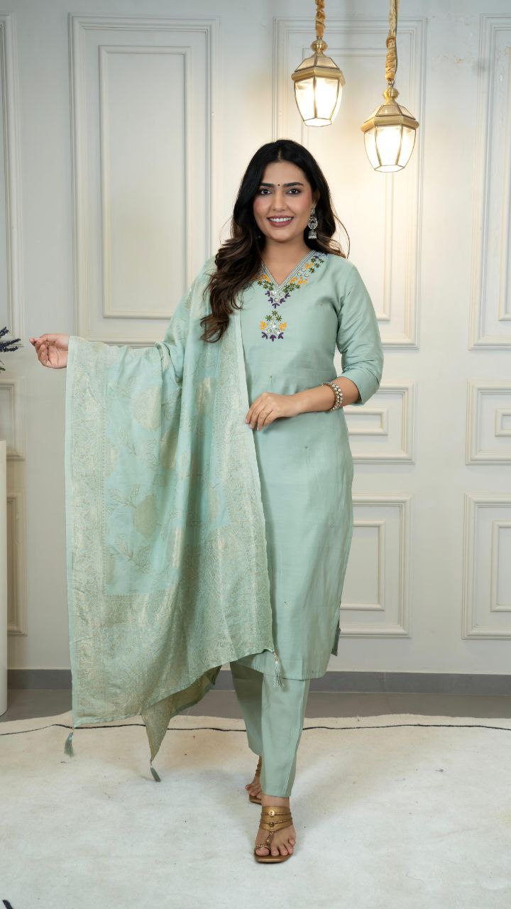 Lorenvalley Fashion Seagreen Roman Silk Hand Work Kurta Pant with Dupatta