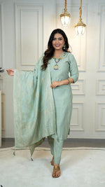 Thumbnail for Lorenvalley Fashion Seagreen Roman Silk Hand Work Kurta Pant with Dupatta