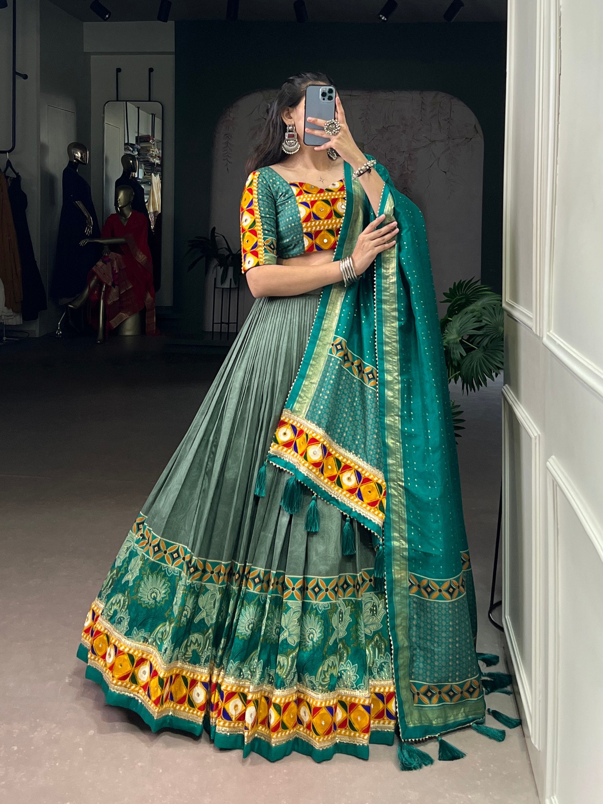 Lorenvalley Fashion Seagreen Tasar Silk Print with Foil Work and Real Mirror Gamthi Work with Lace Touch Up Lehenga Choli with Dupatta - Distacart
