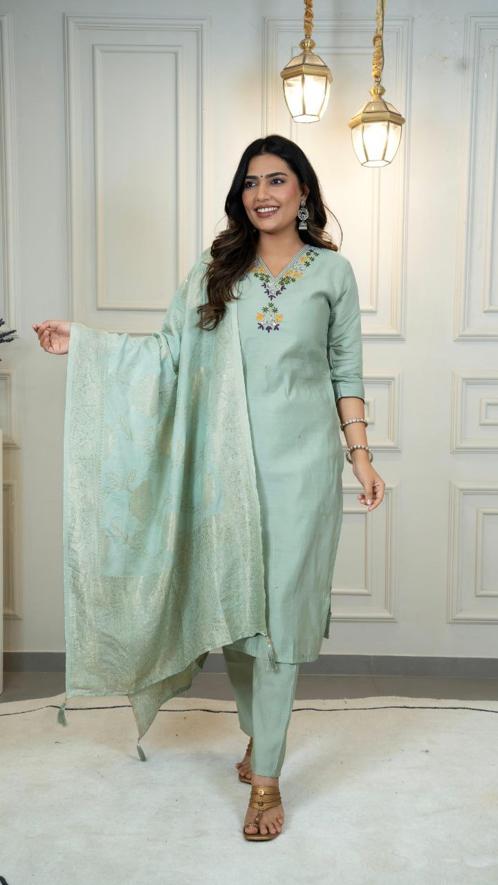 Lorenvalley Fashion Seagreen Roman Silk Hand Work Kurta Pant with Dupatta