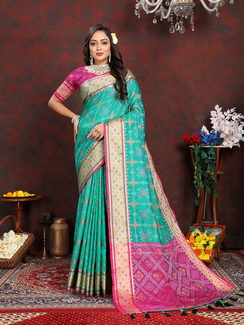 Lorenvalley Fashion Seagreen Patola Silk Woven Design with Zari Meenakari Weaving motifs Pallu Saree - Distacart