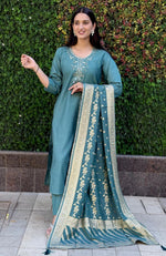 Thumbnail for Lorenvalley Fashion Seagreen Roman Silk Hand Work Kurta Pant with Dupatta