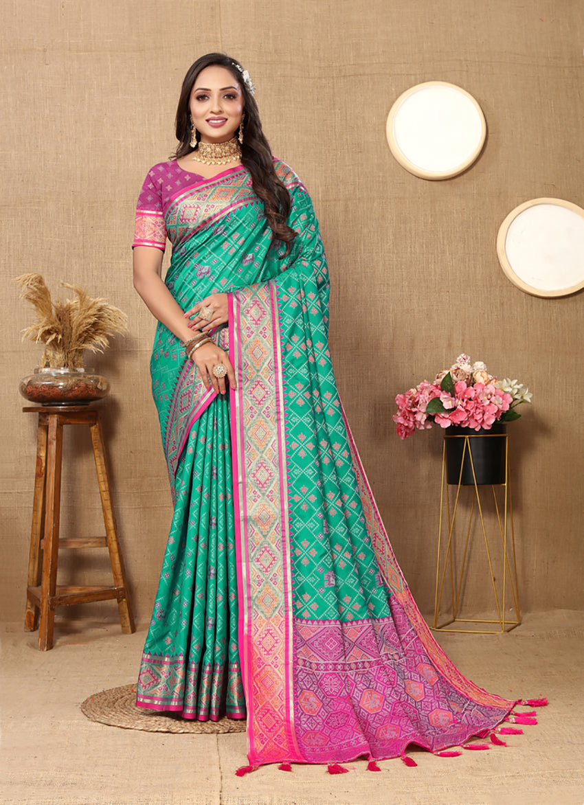 Lorenvalley Fashion Seagreen Patola Silk Woven Design with Zari Meenakari Weaving motifs Pallu Saree - Distacart