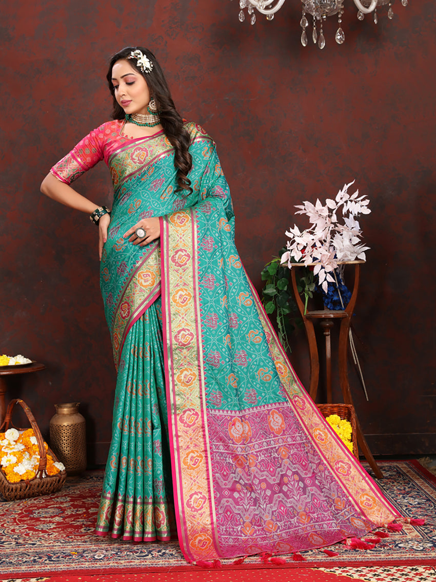Lorenvalley Fashion Seagreen Patola Silk Woven Design with Zari Meenakari Weaving motifs Pallu Saree - Distacart