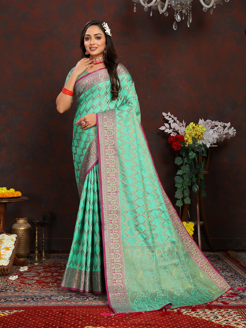 Lorenvalley Fashion Seagreen Soft Katan Silk Woven Design Rich Zari Weaving Pallu Saree - Distacart