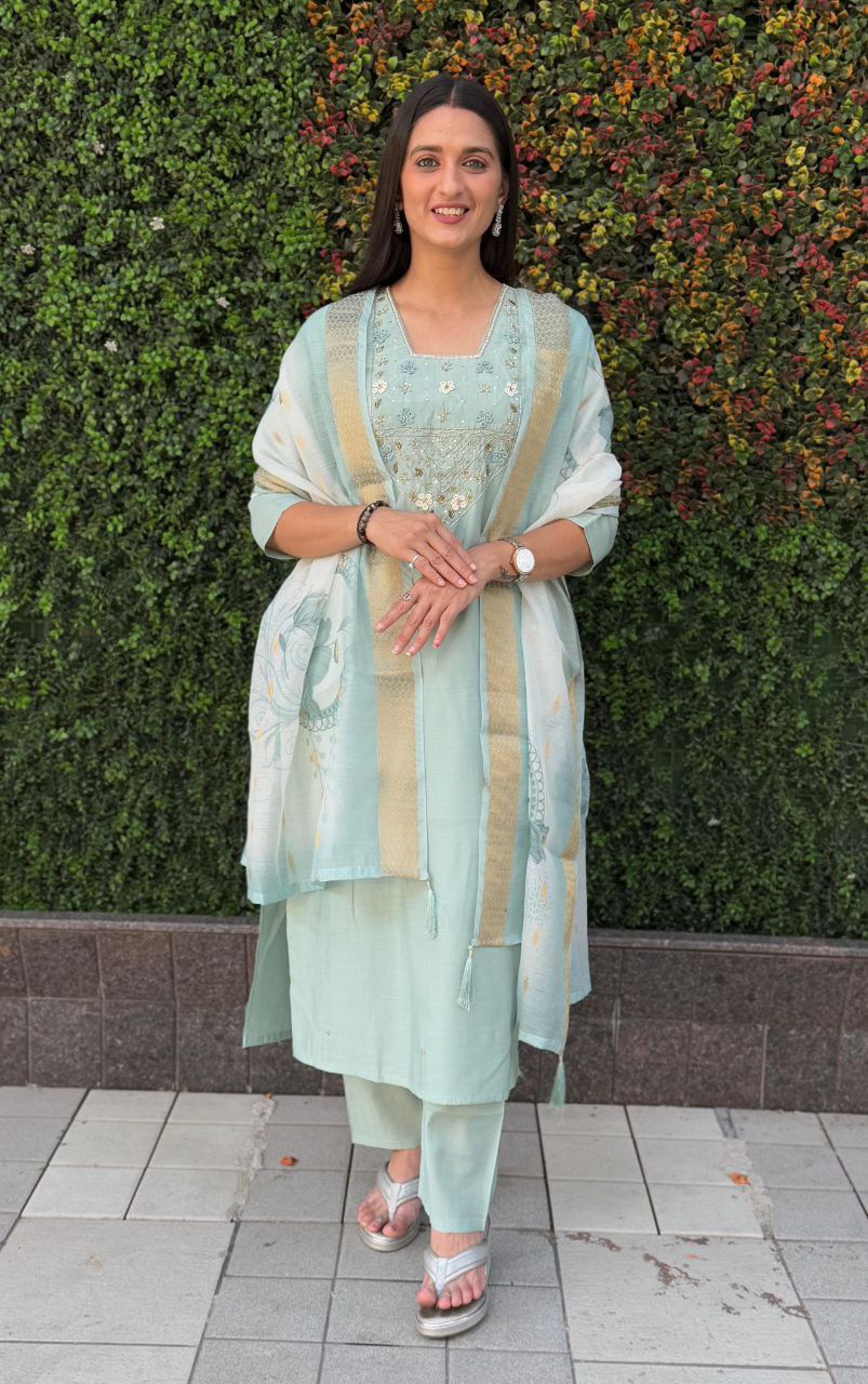Lorenvalley Fashion Seagreen Roman Silk Hand Work Kurta Pant with Dupatta