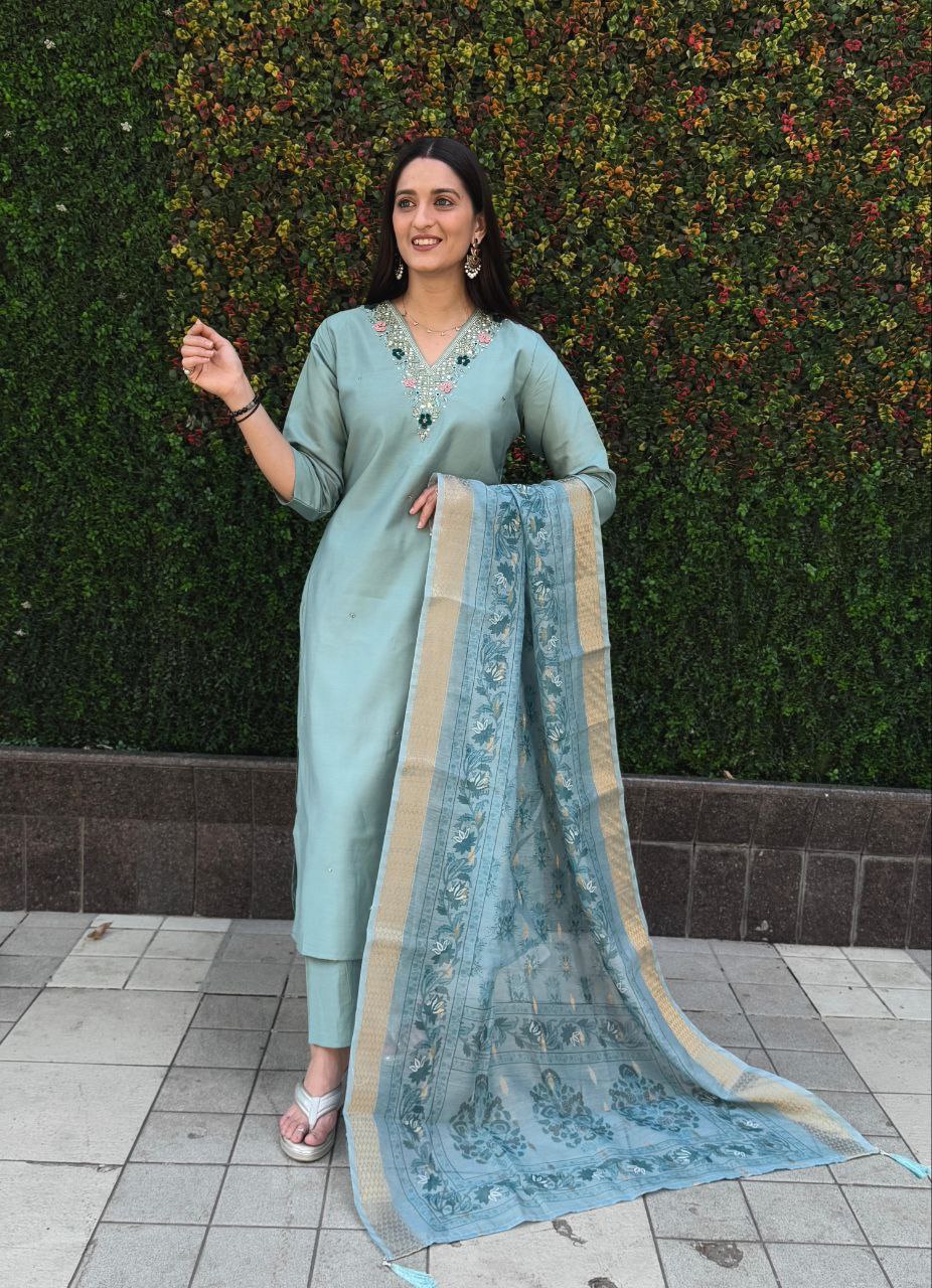 Lorenvalley Fashion Seagreen Roman Silk Hand Work Kurta Pant with Dupatta