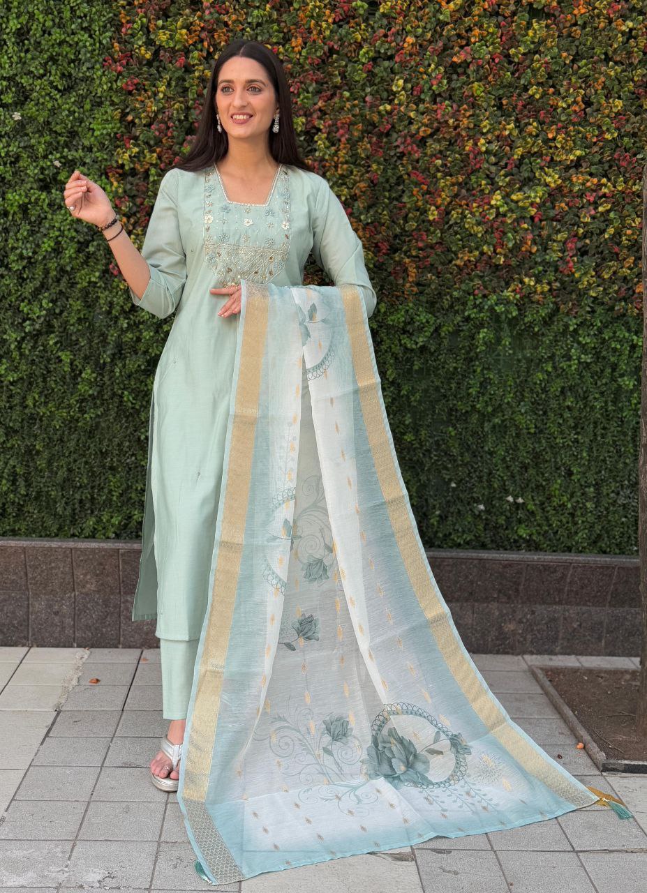 Lorenvalley Fashion Seagreen Roman Silk Hand Work Kurta Pant with Dupatta