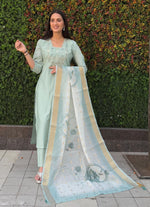 Thumbnail for Lorenvalley Fashion Seagreen Roman Silk Hand Work Kurta Pant with Dupatta