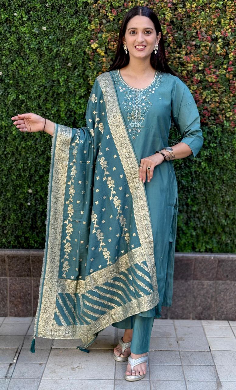 Lorenvalley Fashion Seagreen Roman Silk Hand Work Kurta Pant with Dupatta