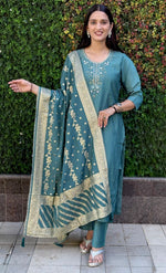 Thumbnail for Lorenvalley Fashion Seagreen Roman Silk Hand Work Kurta Pant with Dupatta
