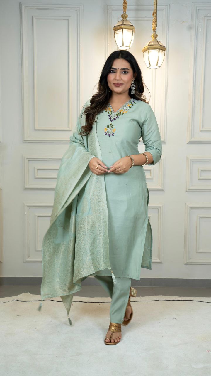 Lorenvalley Fashion Seagreen Roman Silk Hand Work Kurta Pant with Dupatta