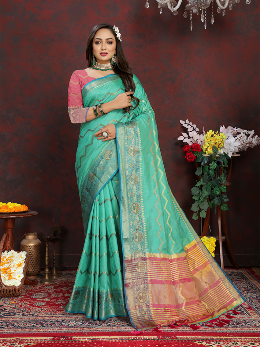 Lorenvalley Fashion Seagreen Soft Katan Silk Woven Design Zari Weaving Pallu Saree - Distacart