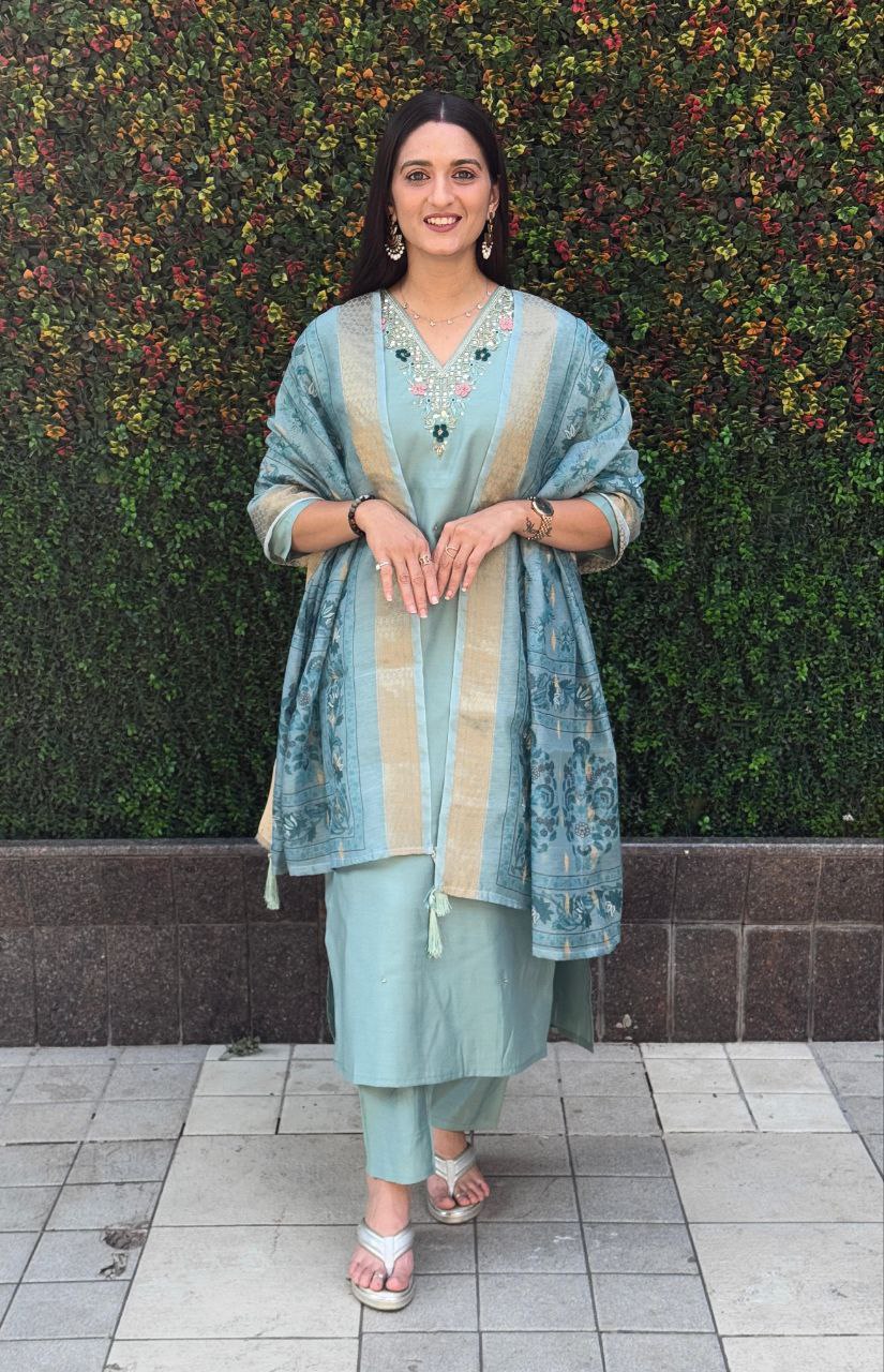 Lorenvalley Fashion Seagreen Roman Silk Hand Work Kurta Pant with Dupatta