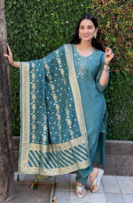 Thumbnail for Lorenvalley Fashion Seagreen Roman Silk Hand Work Kurta Pant with Dupatta