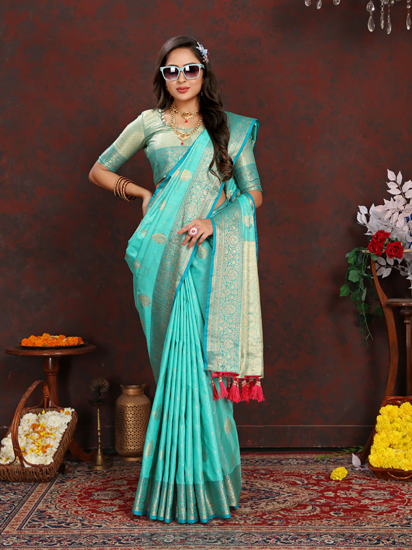 Lorenvalley Fashion Seagreen Soft Katan Silk Woven Design Zari Weaving Pallu Saree - Distacart