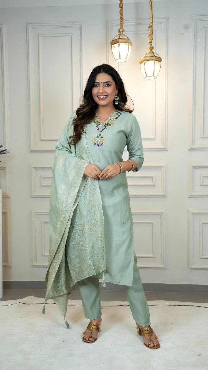 Lorenvalley Fashion Seagreen Roman Silk Hand Work Kurta Pant with Dupatta