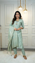 Thumbnail for Lorenvalley Fashion Seagreen Roman Silk Hand Work Kurta Pant with Dupatta