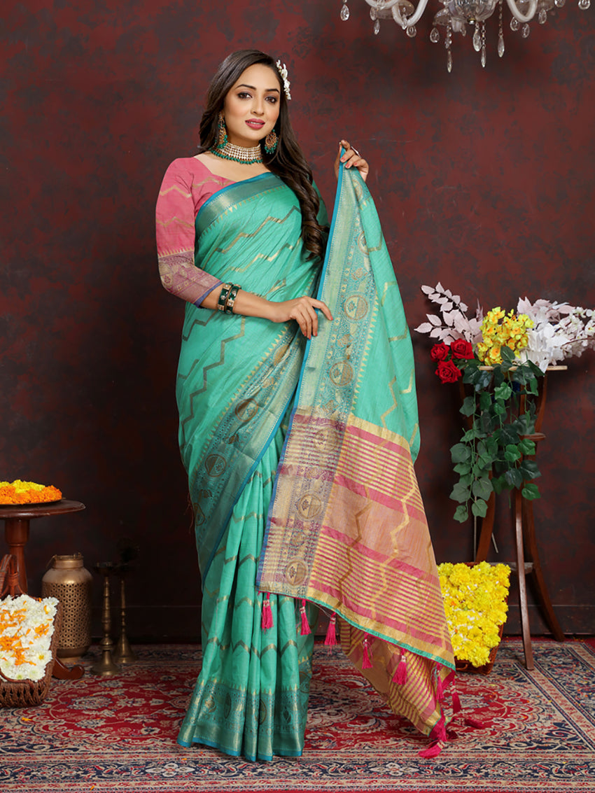 Lorenvalley Fashion Seagreen Soft Katan Silk Woven Design Zari Weaving Pallu Saree - Distacart