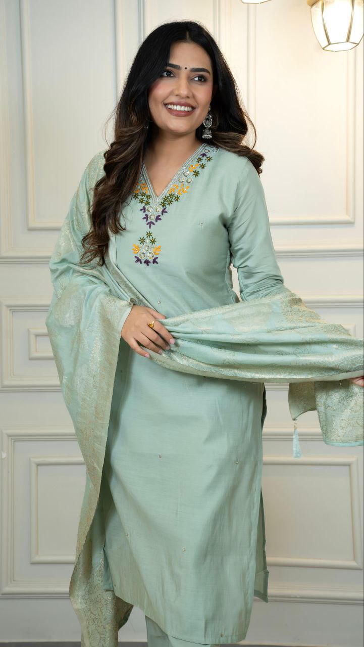 Lorenvalley Fashion Seagreen Roman Silk Hand Work Kurta Pant with Dupatta
