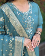 Thumbnail for Lorenvalley Fashion Seagreen Roman Silk Hand Work Kurta Pant with Dupatta
