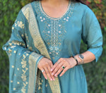 Thumbnail for Lorenvalley Fashion Seagreen Roman Silk Hand Work Kurta Pant with Dupatta
