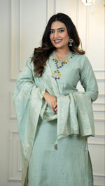 Thumbnail for Lorenvalley Fashion Seagreen Roman Silk Hand Work Kurta Pant with Dupatta
