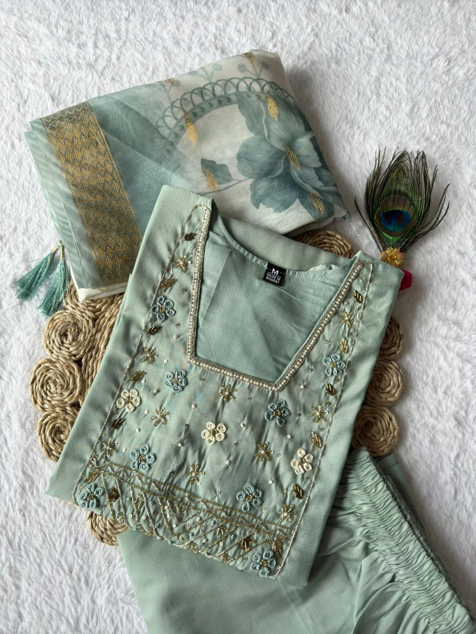 Lorenvalley Fashion Seagreen Roman Silk Hand Work Kurta Pant with Dupatta