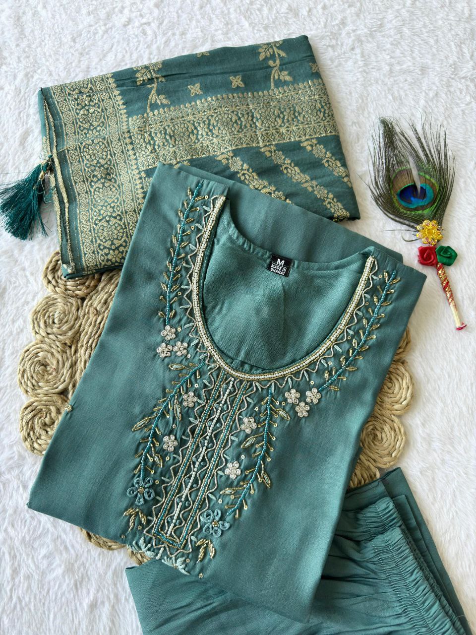 Lorenvalley Fashion Seagreen Roman Silk Hand Work Kurta Pant with Dupatta
