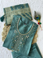 Thumbnail for Lorenvalley Fashion Seagreen Roman Silk Hand Work Kurta Pant with Dupatta