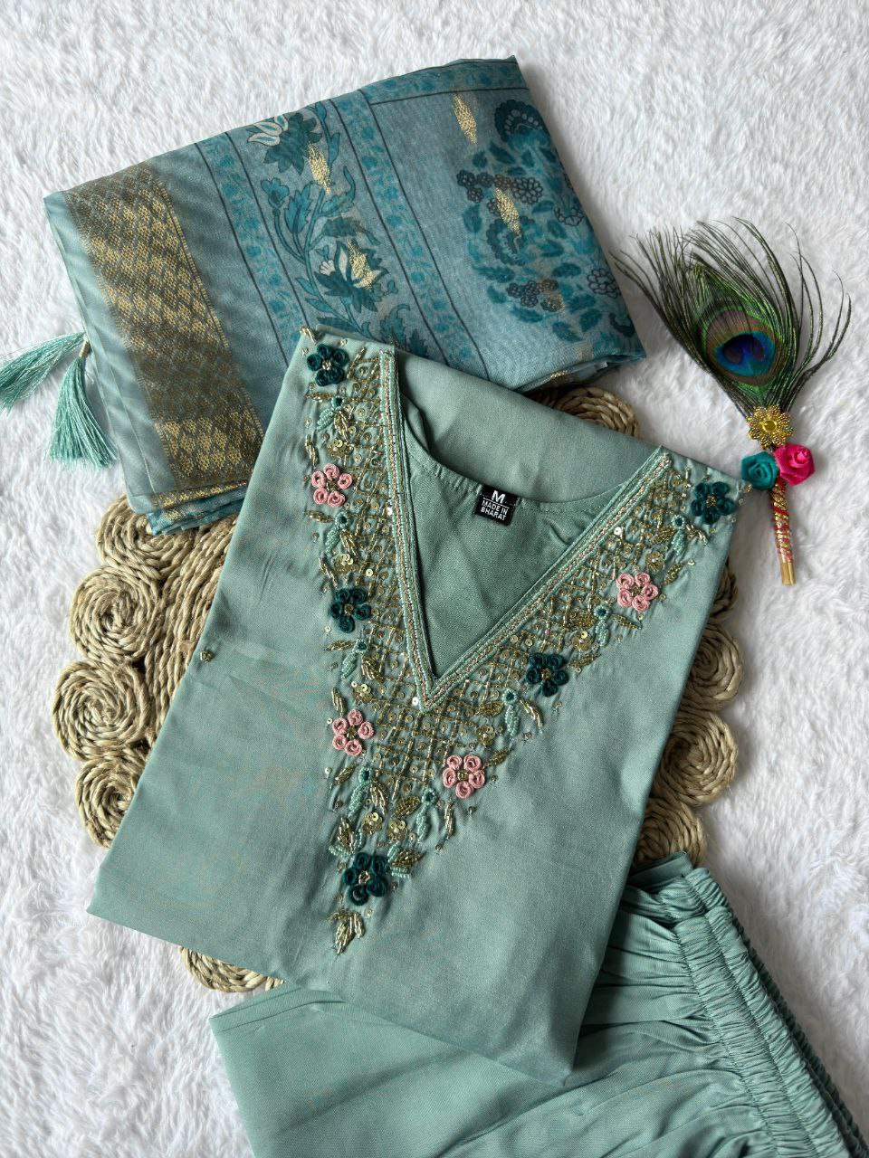 Lorenvalley Fashion Seagreen Roman Silk Hand Work Kurta Pant with Dupatta