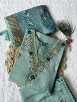 Thumbnail for Lorenvalley Fashion Seagreen Roman Silk Hand Work Kurta Pant with Dupatta
