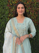 Thumbnail for Lorenvalley Fashion Seagreen Roman Silk Hand Work Kurta Pant with Dupatta