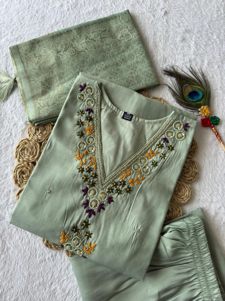 Lorenvalley Fashion Seagreen Roman Silk Hand Work Kurta Pant with Dupatta