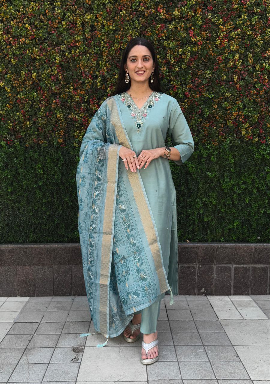 Lorenvalley Fashion Seagreen Roman Silk Hand Work Kurta Pant with Dupatta