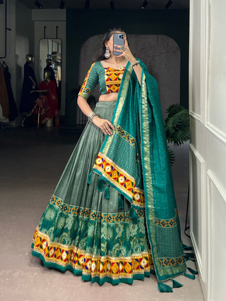 Lorenvalley Fashion Seagreen Tasar Silk Print with Foil Work and Real Mirror Gamthi Work with Lace Touch Up Lehenga Choli with Dupatta