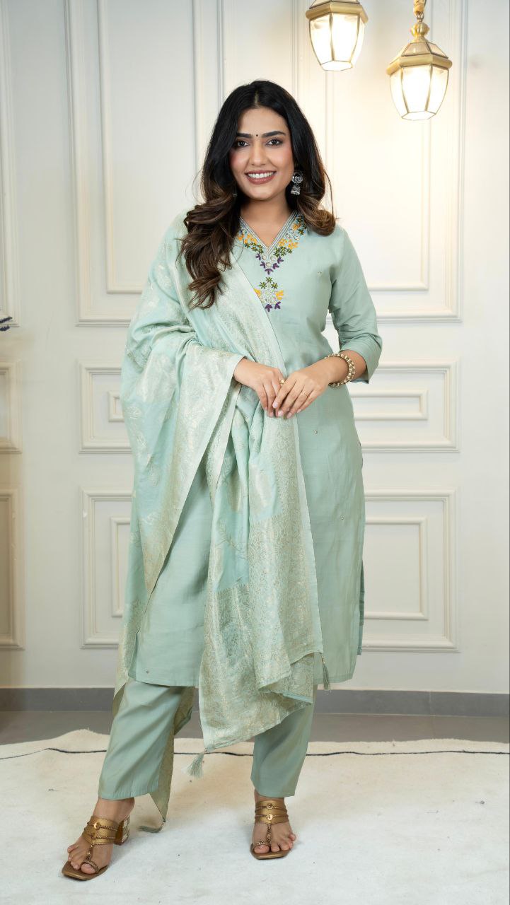 Lorenvalley Fashion Seagreen Roman Silk Hand Work Kurta Pant with Dupatta